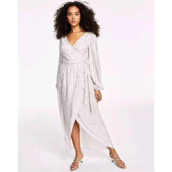 Guess Metallic Faux Wrap Hi-Low Maxi Dress Champagne Silver Womens Size 10‎ - Picture 1 of 11